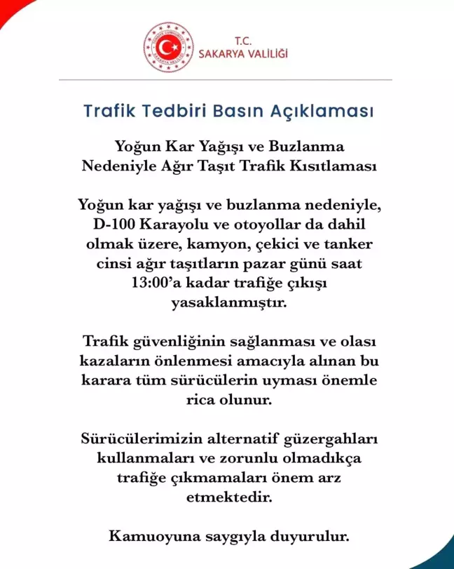 Sakarya'da Ağır Taşıtlar İçin Trafik Yasağı