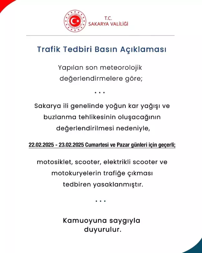 Sakarya'da Zorlu Hava Koşulları Nedeniyle Motosiklet ve Scooter Trafiği Yasaklandı