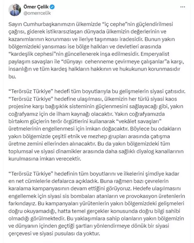 Ömer Çelik'ten 'Terörsüz Türkiye' Vurgusu