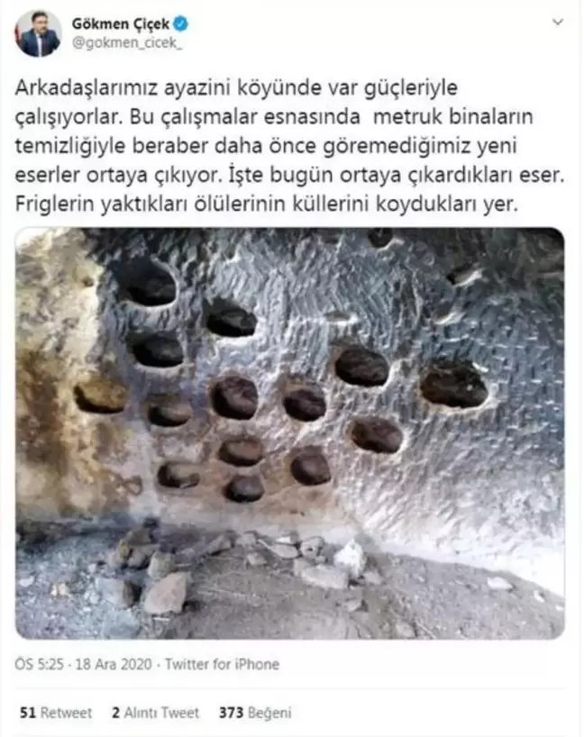 Frigler'in ölülerinin küllerini koydukları oyuklar bulundu