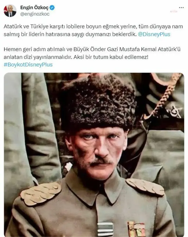 CHP Parti Örgütü ve Örgütlenmeden Sorumlu Genel Başkan Başdanışmanı Engin Özkoç, Disney Plus'a Atatürk'ü anlatan dizi çağrısı yaptı