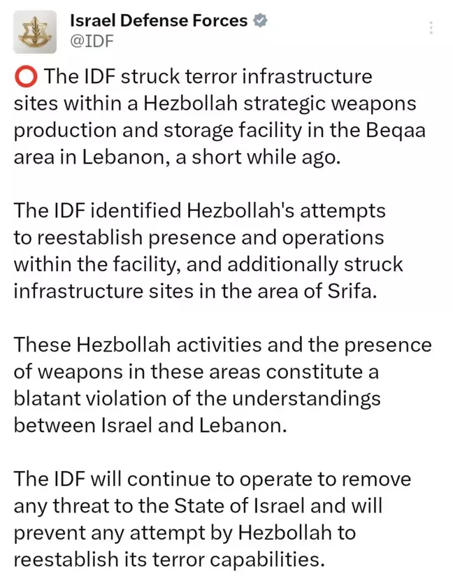 İsrail Ordusu, Lübnan'daki Hizbullah Hedeflerine Saldırı Düzenledi