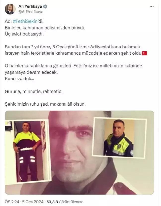 İçişleri Bakanı Ali Yerlikaya, Şehit Polis Fethi Sekin'i Anma Mesajı Paylaştı