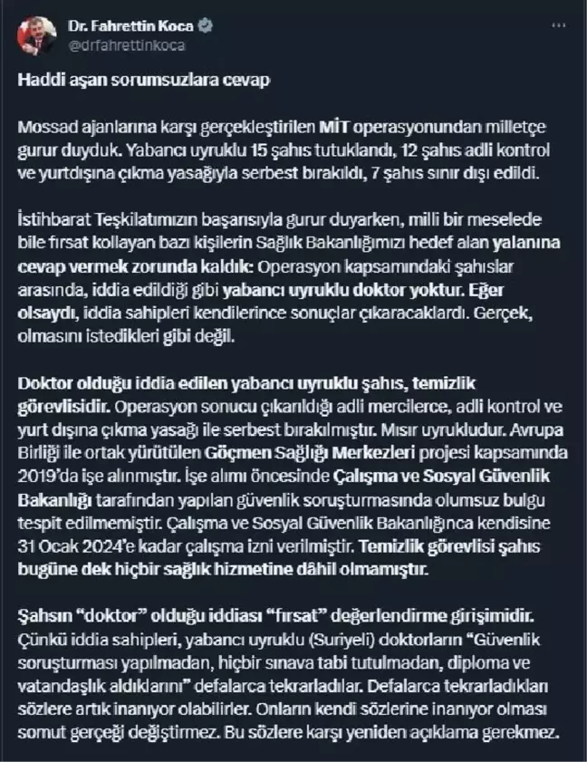Bakan Koca, Mossad ajanlarının doktor olduğu iddialarını yalanladı