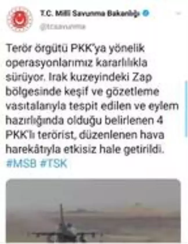 MSB: Irak kuzeyinde 4 PKK'lı terörist etkisiz hale getirildi
