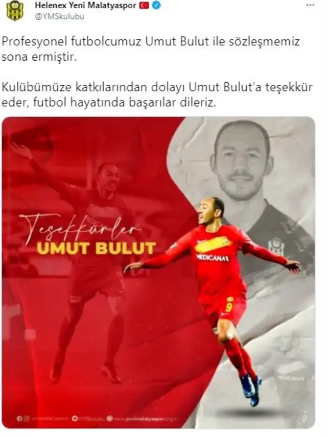Yeni Malatyaspor'dan Umut Bulut'a teşekkür