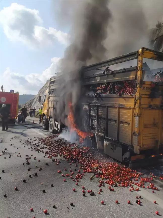 Tarsus'ta domates yüklü kamyonda yangın çıktı