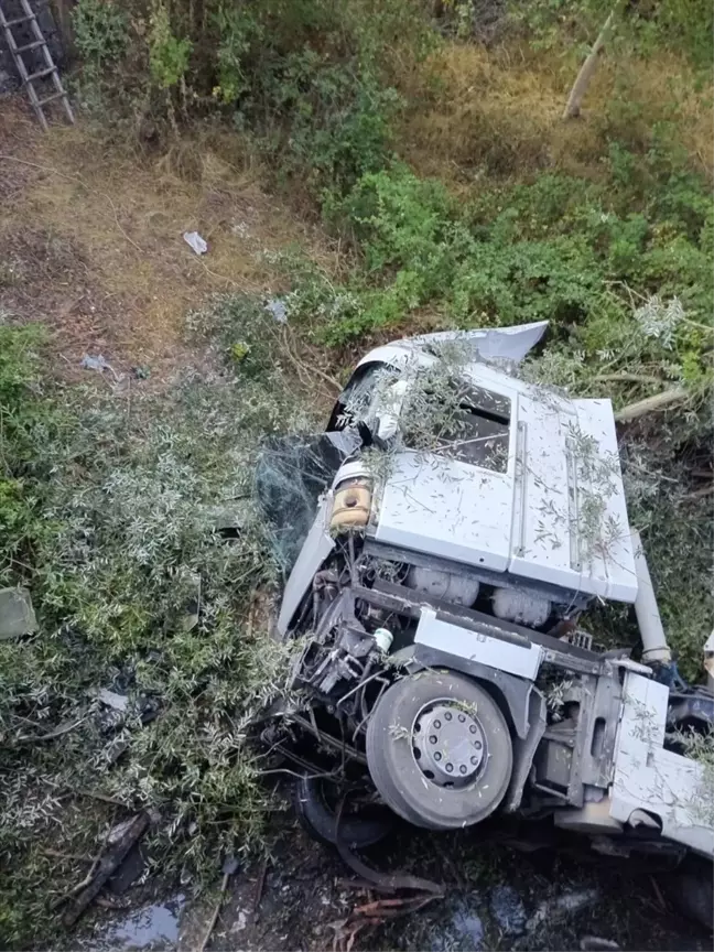 Bolu'da tır tilkiye çarpmamak için dere yatağına devrildi