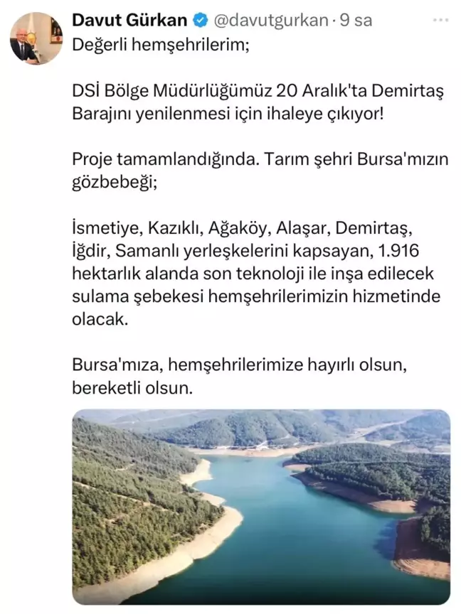 Demirtaş Barajı'nın Yenilenme İhalesi 20 Aralık'ta