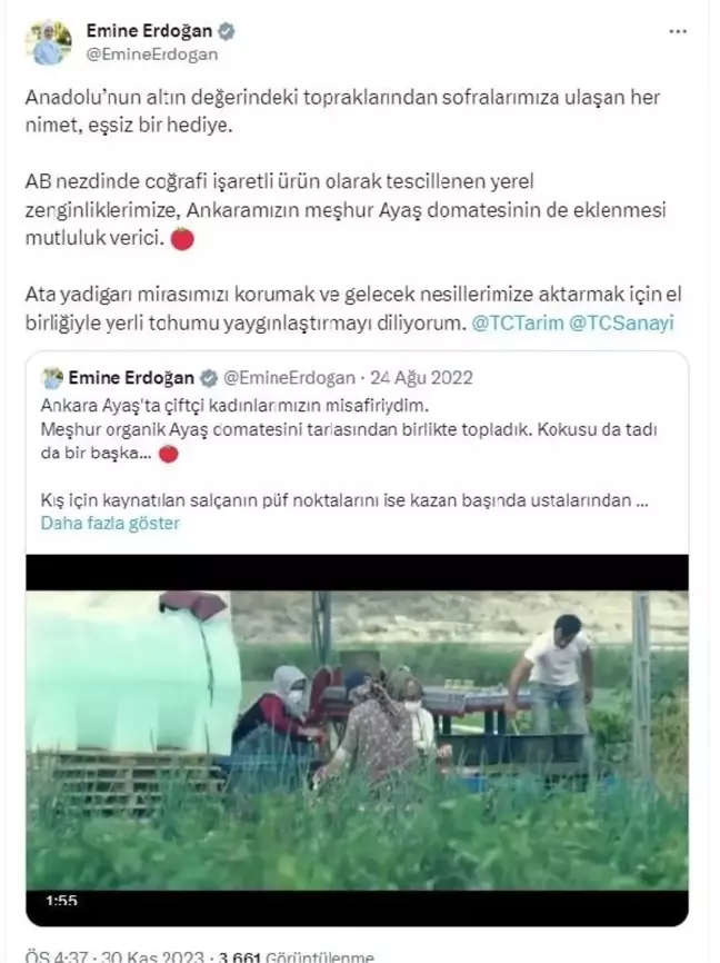 Emine Erdoğan'dan AB tescili alan Ayaş domatesine ilişkin paylaşım Açıklaması