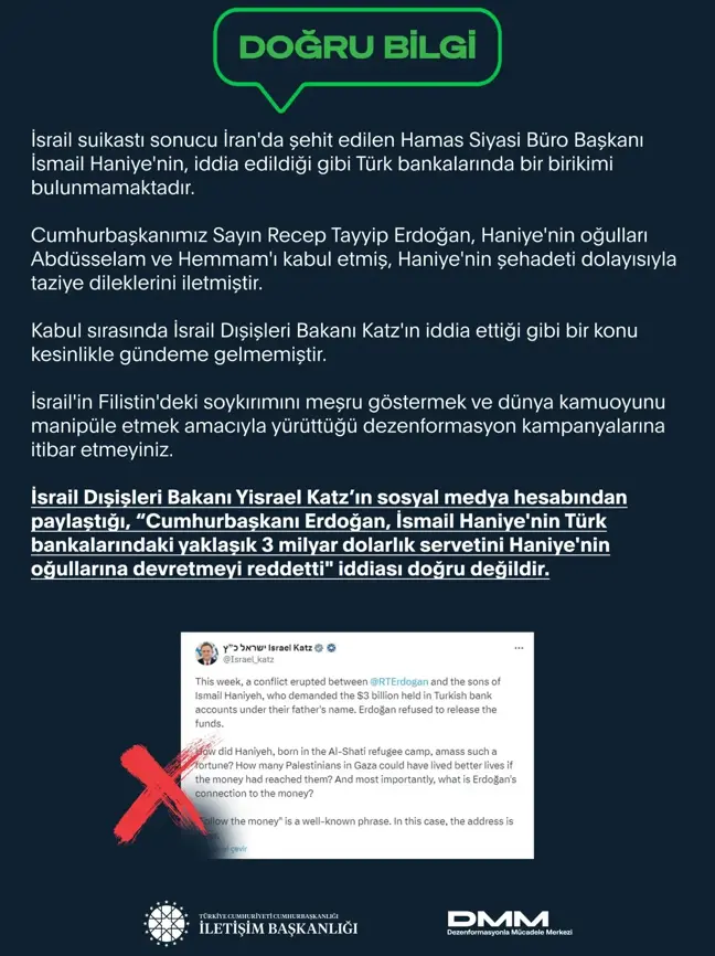 İletişim Başkanlığı, Haniye'nin Türk bankalarında birikimi olduğu iddiasını yalanladı