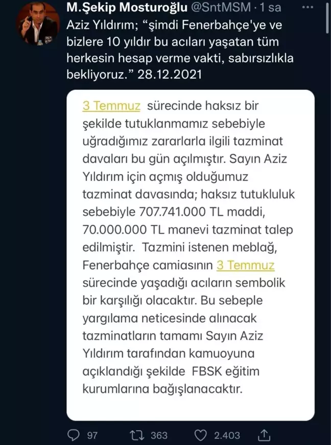 Son dakika haberleri | Aziz Yıldırım'dan 'haksız tutukluluk' nedeniyle 777 milyon liralık tazminat davası