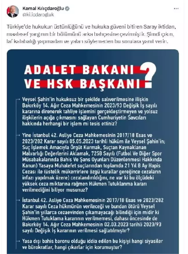Kılıçdaroğlu, Adalet Bakanı Tunç'a yeni sorular yöneltti