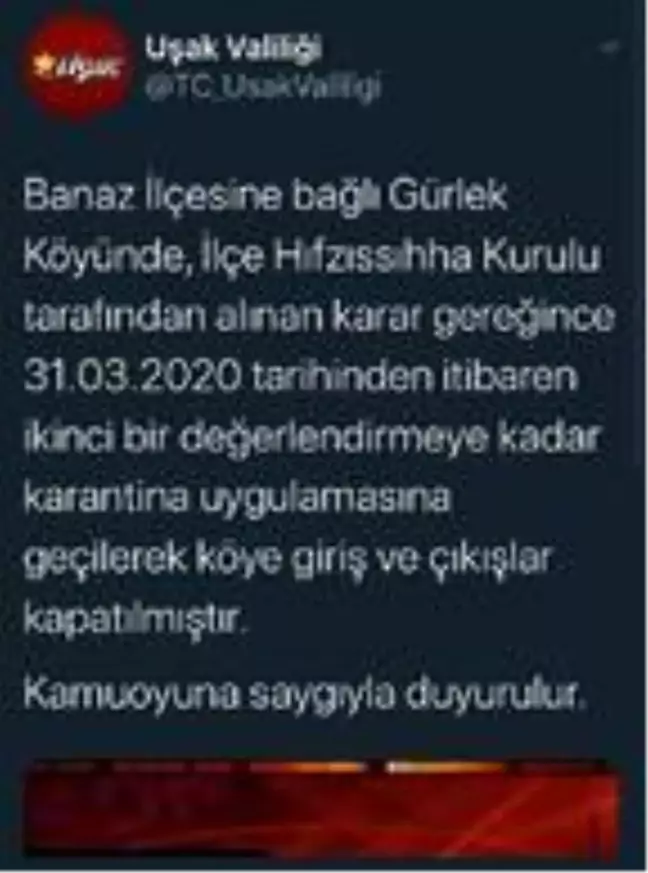 Uşak'ın Gürlek köyü, karantinaya alındı