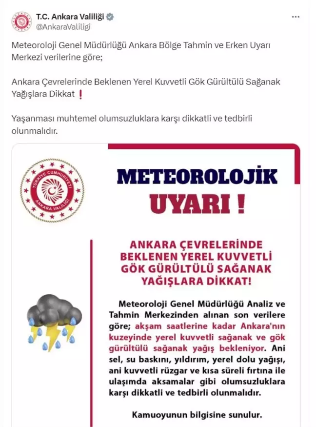 Ankara Valiliği Sel ve Su Baskınlarına Karşı Uyardı