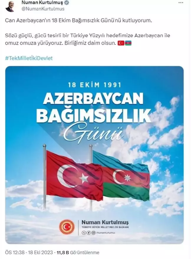 TBMM Başkanı Numan Kurtulmuş, Azerbaycan'ın Bağımsızlık Günü'nü kutladı