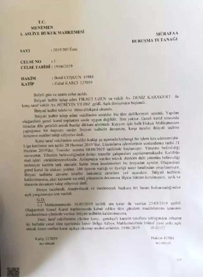 Menemen Belediyespor'da tedbir kalktı