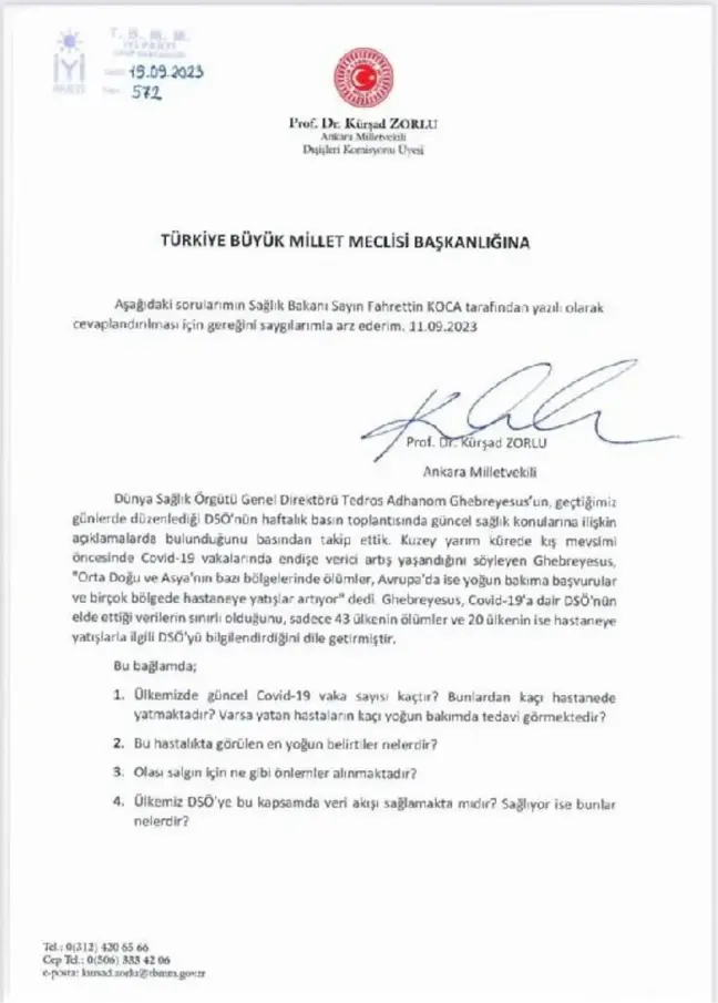 İYİ Parti Sözcüsü Kürşad Zorlu, Eris varyantı hakkında Sağlık Bakanı'na soru önergesi verdi