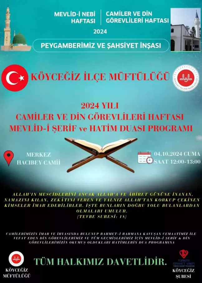 Köyceğiz'de Mevlid-i Şerif Programı Düzenlenecek