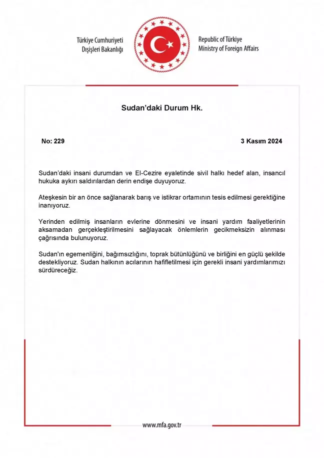 Dışişleri Bakanlığı'ndan Sudan Açıklaması: Endişe ve Yardım Çağrısı