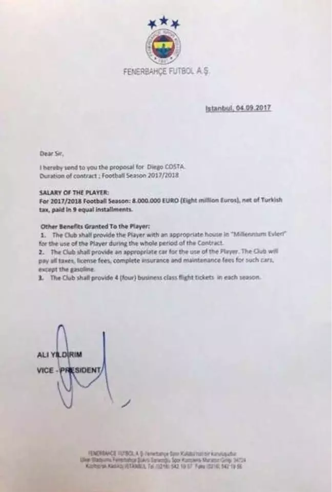 Aziz Yıldırım Yönetiminden Diego Costa'ya Yıllık 8 Milyon Euro