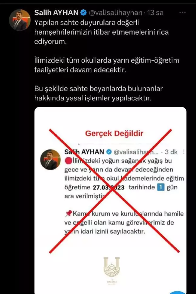 Sahte vali hesabı açıp, 'Şanlıurfa'da okullar tatil' paylaşımı yaptılar