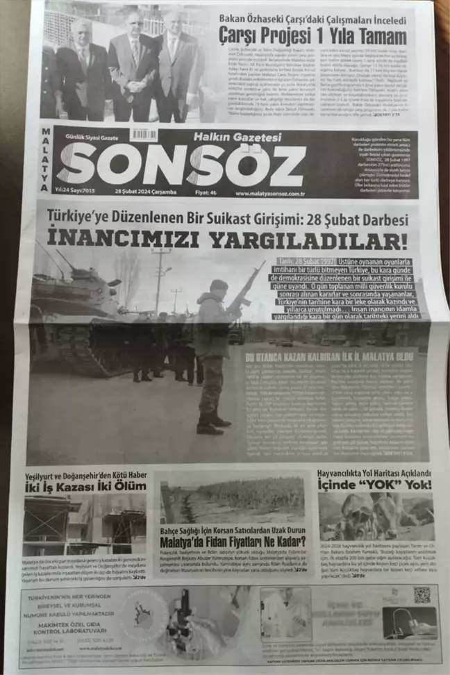 Malatya'nın ilk renkli gazetesi Sonsöz Gazetesi, 28 Şubat'ı protesto etmek için siyah-beyaz basıldı