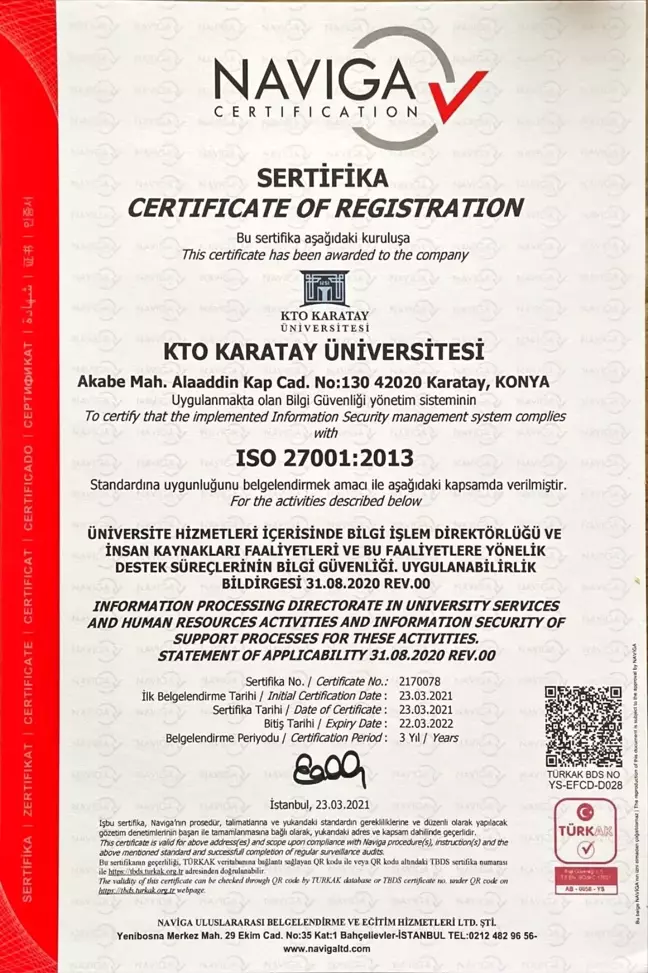 KTO Karatay Üniversitesi'nde bilginin güvenliği tescillendi