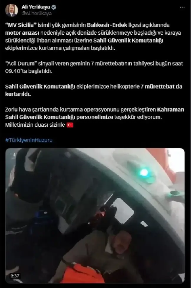 Bakan Yerlikaya, Kurtarma Görüntülerini Paylaştı