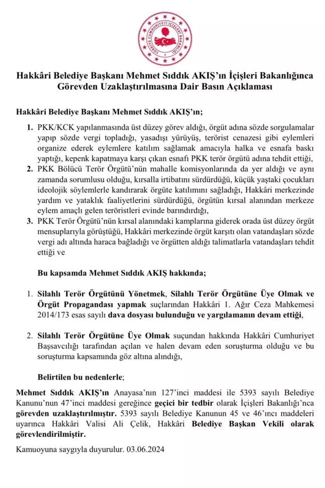 Hakkari Belediye Başkanı Terör Örgütü Üyeliği Suçlamasıyla Görevden Uzaklaştırıldı