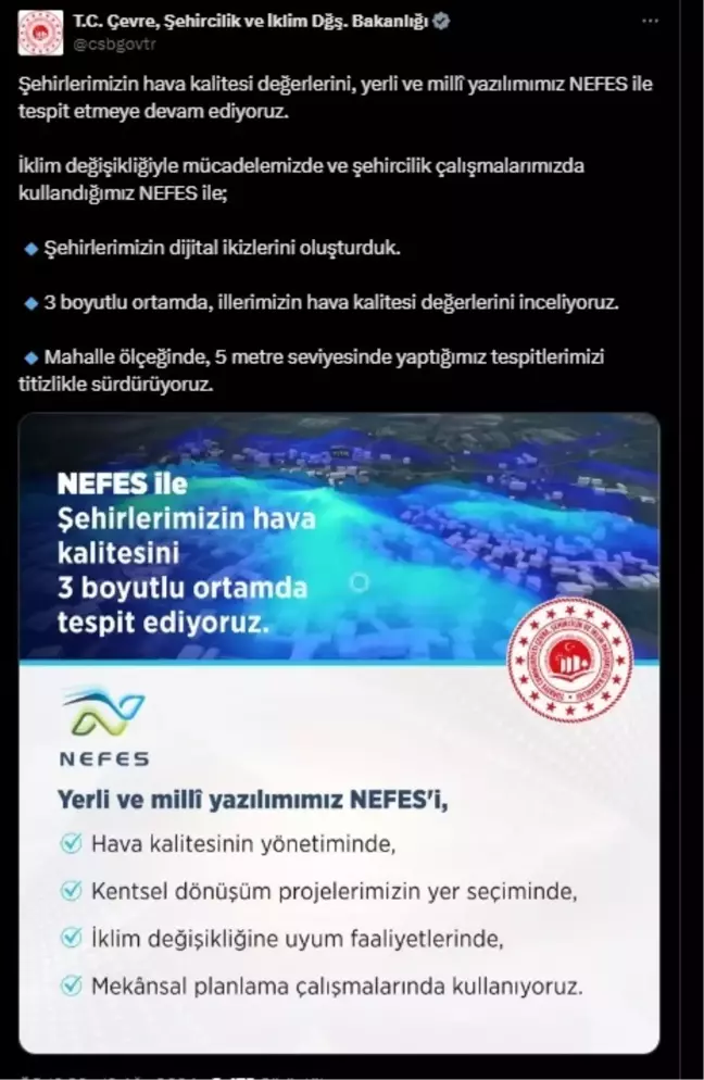 ÇEVRE Bakanlığı, yerli yazılım NEFES ile şehirlerin hava kalitesini tespit ediyor