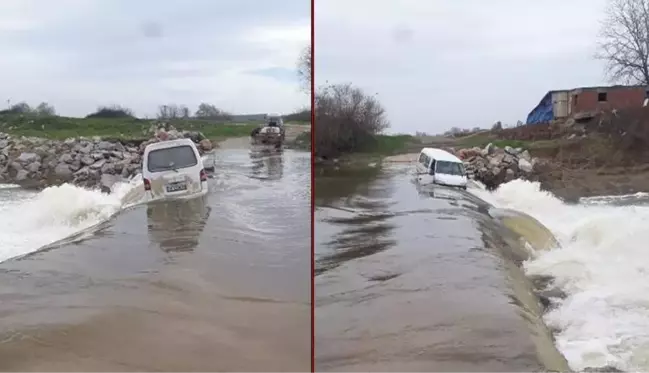 Sürücü ve yolcusu akıntıya kapılan minibüsten canlarını son anda kurtardı