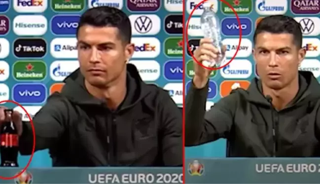 Ronaldo'nun basın toplantısındaki hareketi dünyaca ünlü firmaya ilham verdi! Su şişelerine 