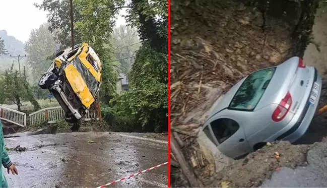 Çöken yola düşen iki araçtaki 12 kişi, sel sularına kapılmaktan son kurtuldu