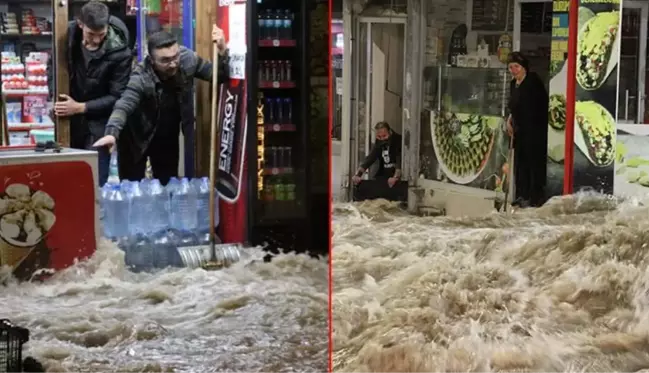 Gece yarısı patlayan su borusu şehrin altını üstüne getirdi! Caddeyi su bastı, haberi alan esnaf dükkanına koştu