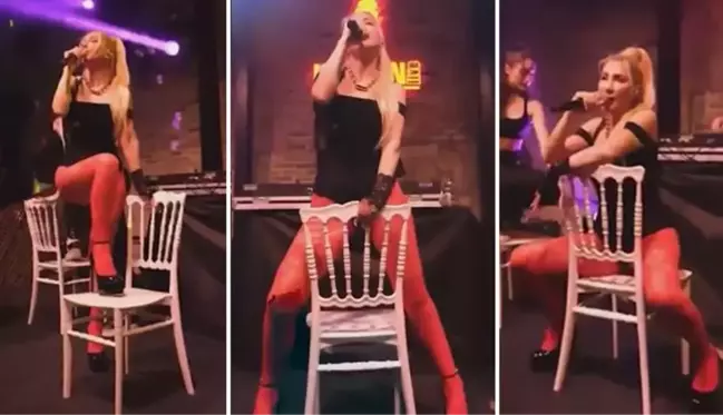 Sahne performanslarına bir yenisini daha ekleyen Hande Yener, sandalye üzerinde dans etti