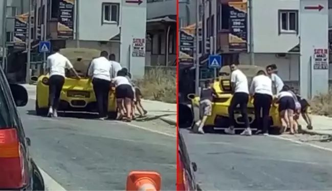 Eşine az rastlanan görüntü! Yolda kalan Ferrari'ye vatandaşlar 