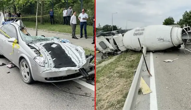 Beton mikseri, otomobilin üzerine devrildi! Feci kazada baba ve oğlu can verdi