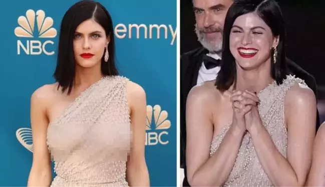 Ödül törenine iç çamaşırsız elbiseyle katılan Alexandra Daddario, ışıklar açılınca frikik verdi