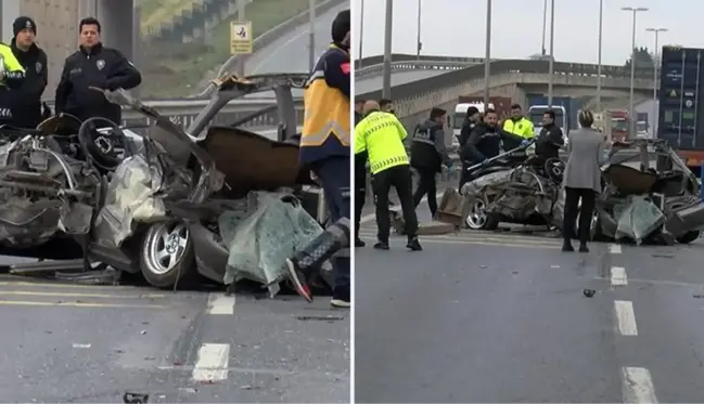 Önce bariyerlere sonra tıra çarptı! Beylikdüzü'nde hızla gelen otomobil iki kişiye mezar oldu