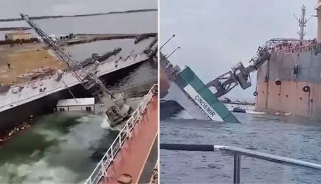 Tuzla'da tersanede havuz çöktü, devasa vinç geminin üzerine devrildi! O anlar kamerada