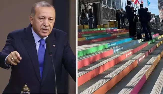 Birleşmiş Milletler Genel Kurulu'nun girişinde LGBT'yi temsil eden renklerin olması Erdoğan'ı kızdırdı