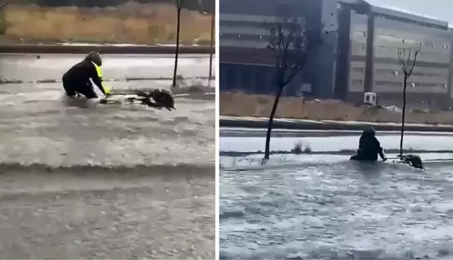 İstanbul Küçükçekmece'de aşırı yağış nedeniyle motosikletli sürüklendi