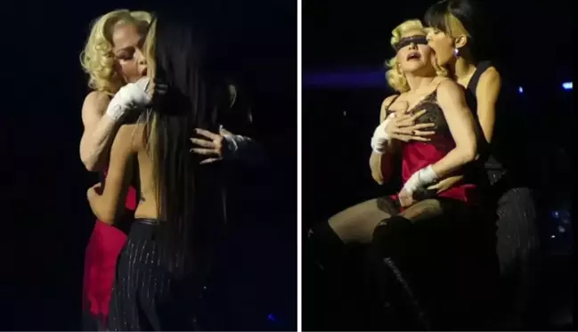 Madonna konser sırasında kadın dansçısını dudağından öptü