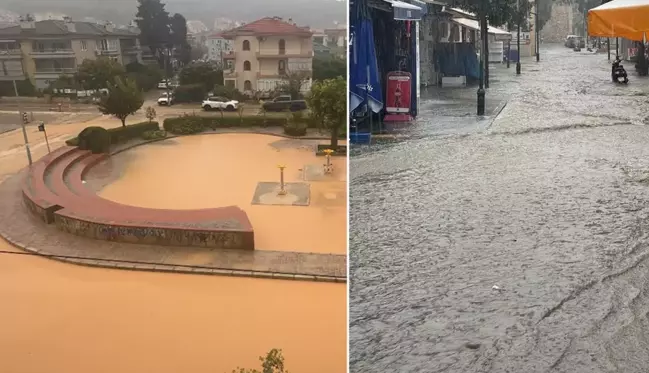 İzmir'de pazar yeri göle döndü, masa ve sandalyeler akıntıda sürüklendi