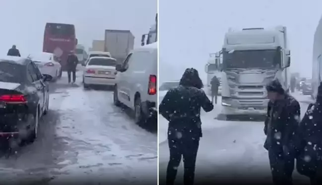 Ankara-İstanbul yolunda yoğun kar nedeniyle trafik durdu, vatandaşlar dakikalarca yolda bekledi