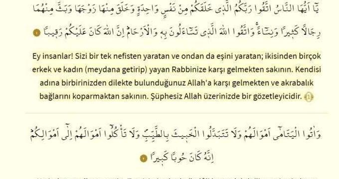 Nisa suresi okunuşu ve yazılışı nedir? Nisa suresi konusu, anlamı, nuzülü nedir? Nisa suresi Arapça ve Türkçe meali