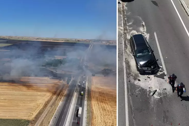 Edirne'de çıkan anız yangını kara yoluna ulaştı: 5 aracın karıştığı kazada 1 kişi yaralandı