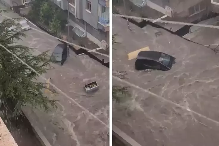 Ankara'da yağış kabusu! Sular bir aracı böyle sürükledi