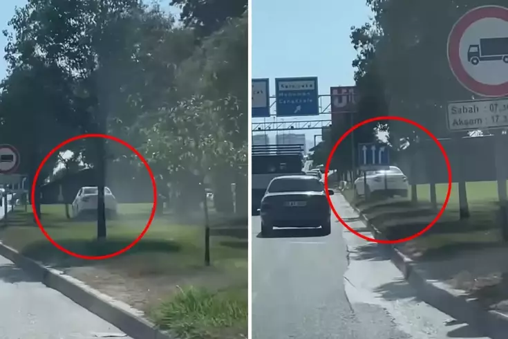 Yoğun trafiği atlatmak için çim alandan ilerledi
